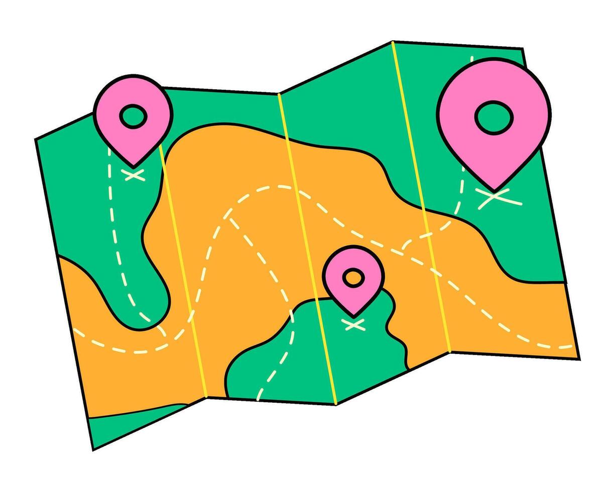 Travel map with marked points. Trekking and hiking route in retro style. Bright hand drawn illustration vector