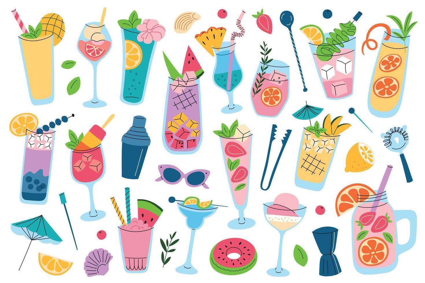 Summer drinks and cocktails set, cold alcohol beverages with ice, bar menu collection, mocktails and lemonades doodles set, illustrations of sorbet drink, watermelon soda, trendy mocktails vector