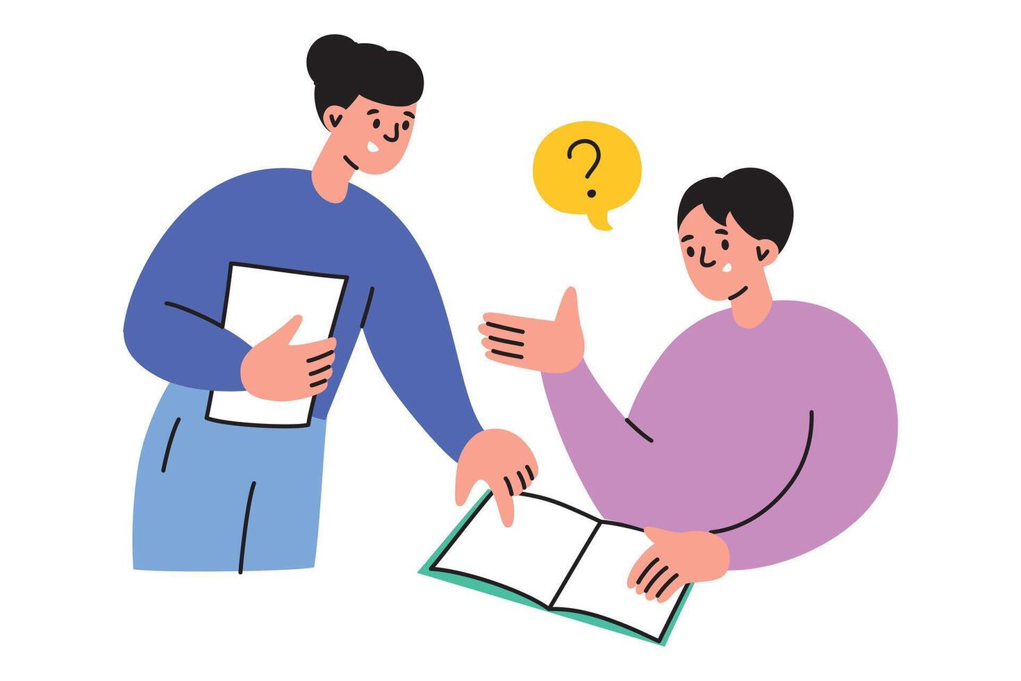 Female teacher helping student in classroom, answering his questions, correcting mistakes. illustration in flat cartoon style, depicting education, learning, and academic guidance vector