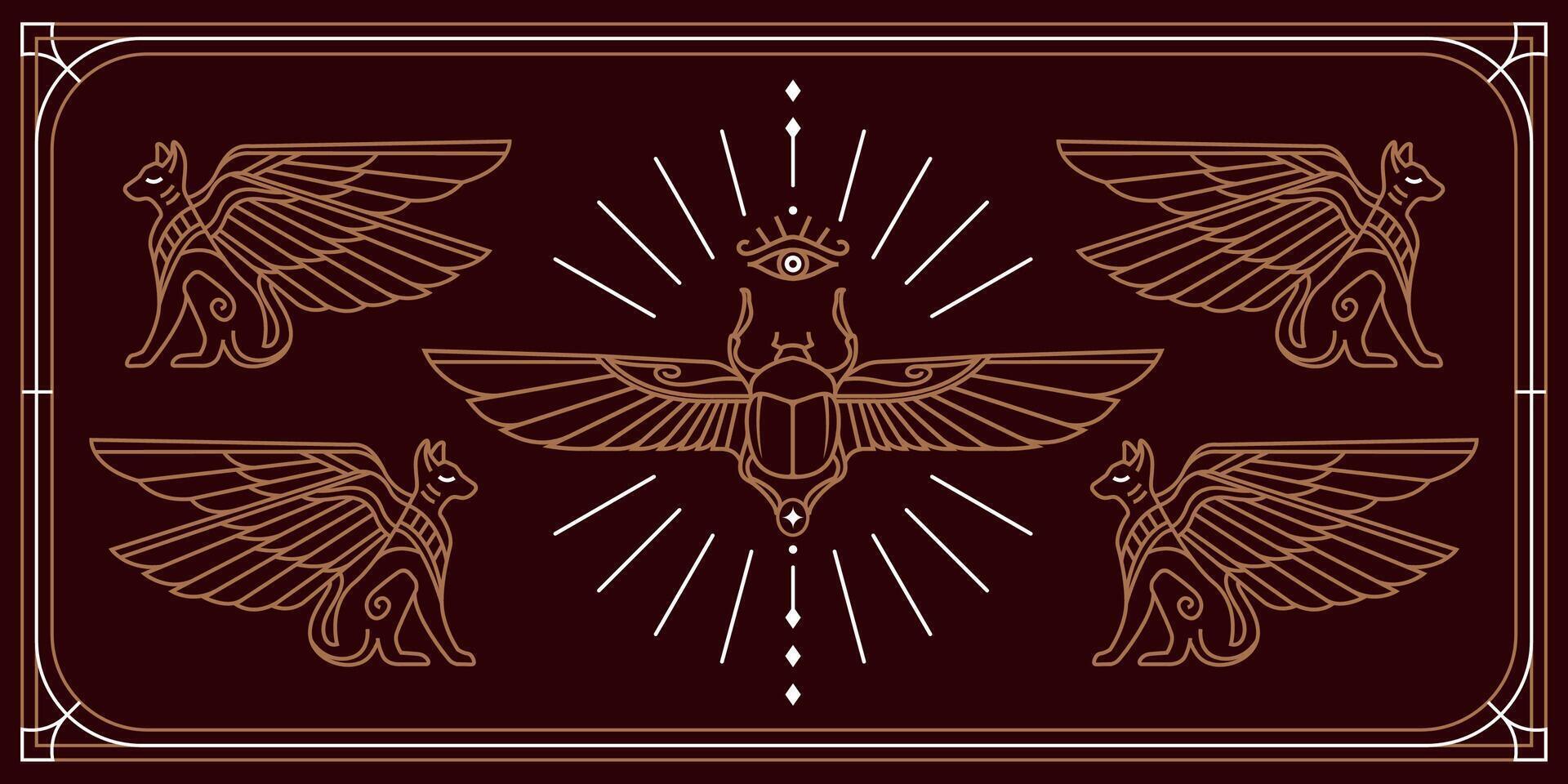 esoteric ancient egypt art decoration illustration with various symbol. collection of egyptian vintage art of pharaoh,cats and scarab wallpaper vector