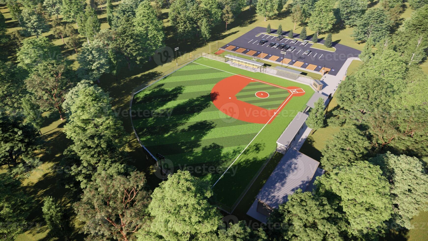 aerial view 3D rendering of a baseball field in the middle of the forest photo
