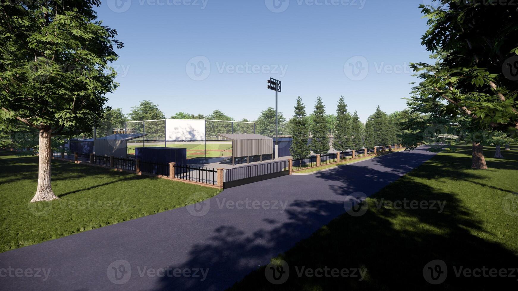 baseball field view from entrance parking area with fence 3d rendering photo