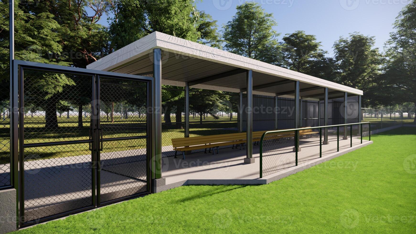 3d rendering baseball field dugout in the middle of the forest photo