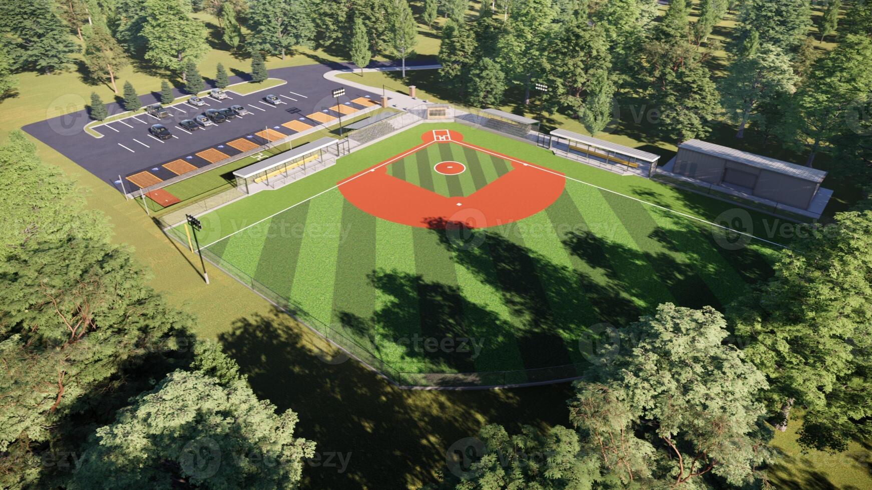 aerial view 3D rendering of a baseball field in the middle of the forest photo