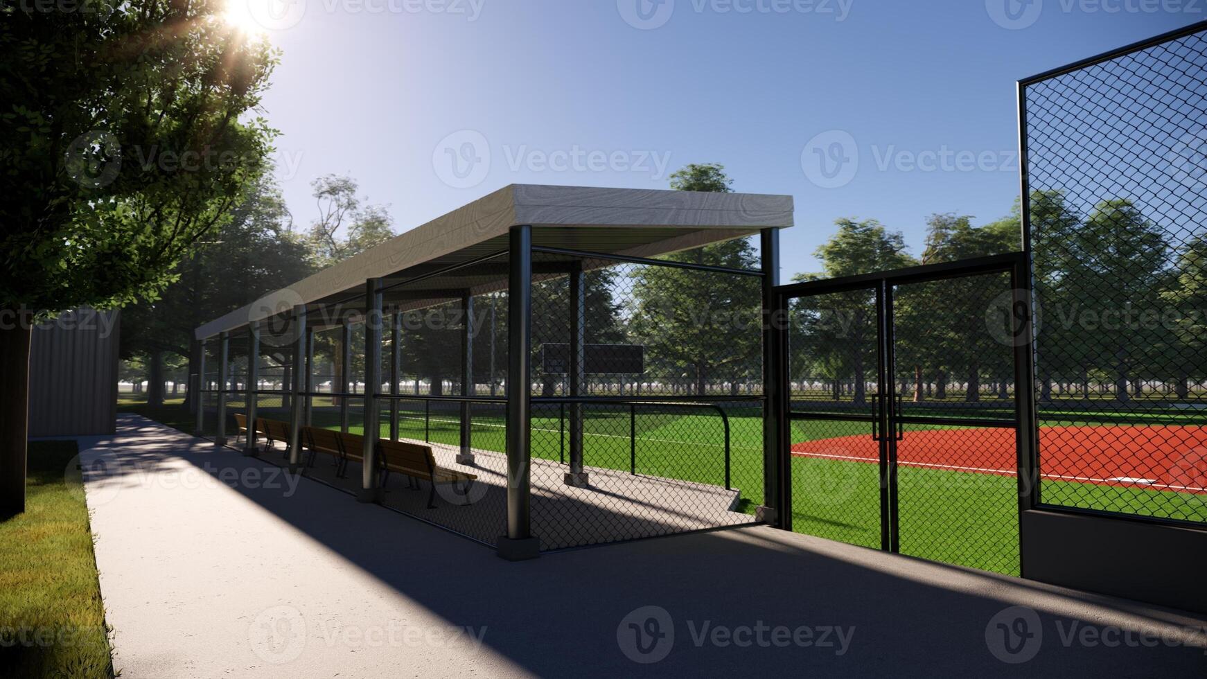 3d rendering baseball field dugout in the middle of the forest photo