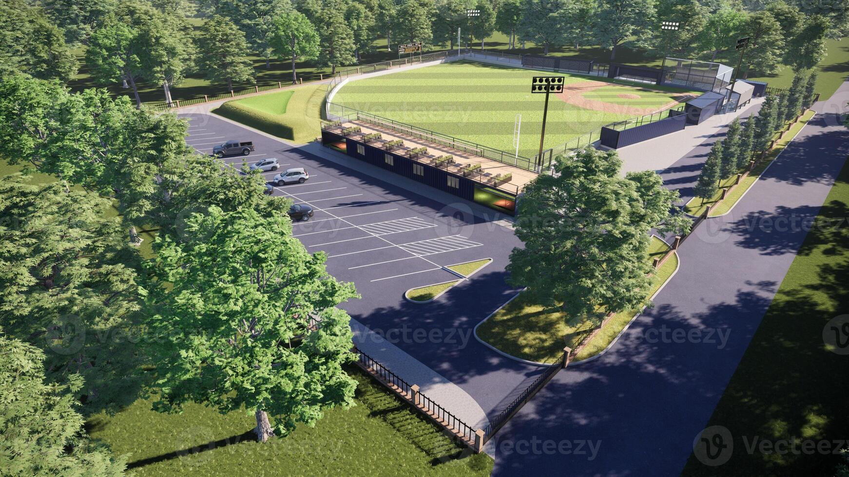 aerial view Ballpark or baseball field daylight , modern public sport 3D render with facility photo