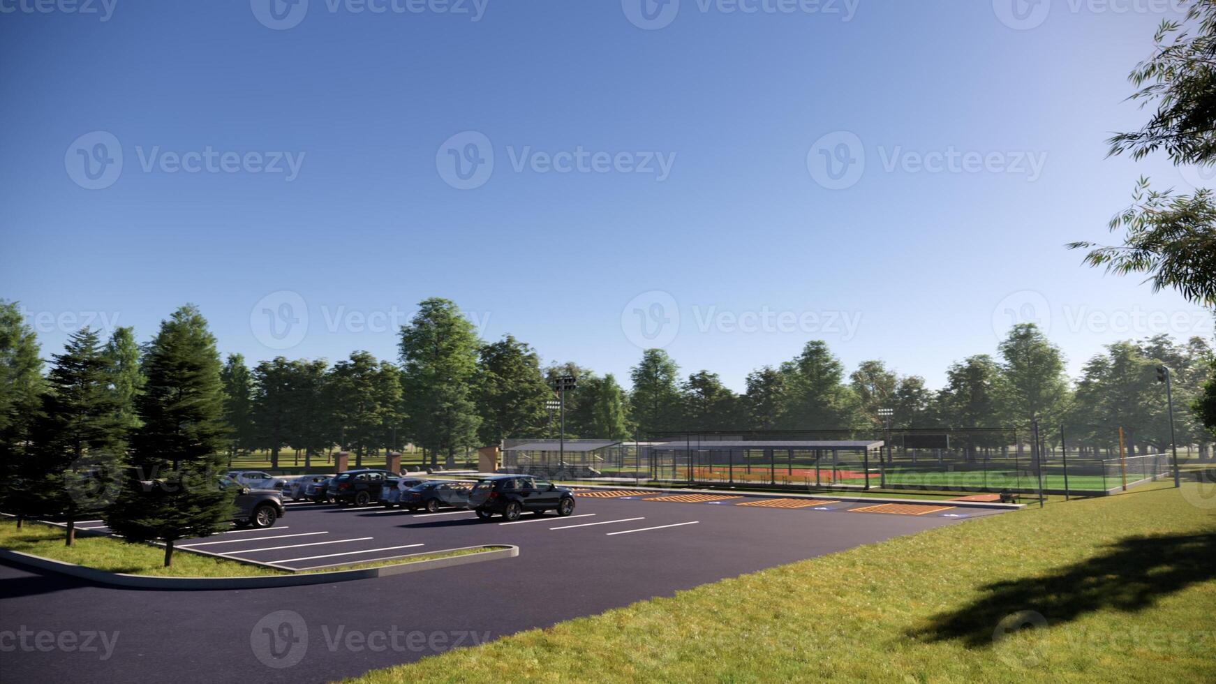 parking lot baseball field dugout in the middle of the forest 3d rendering photo
