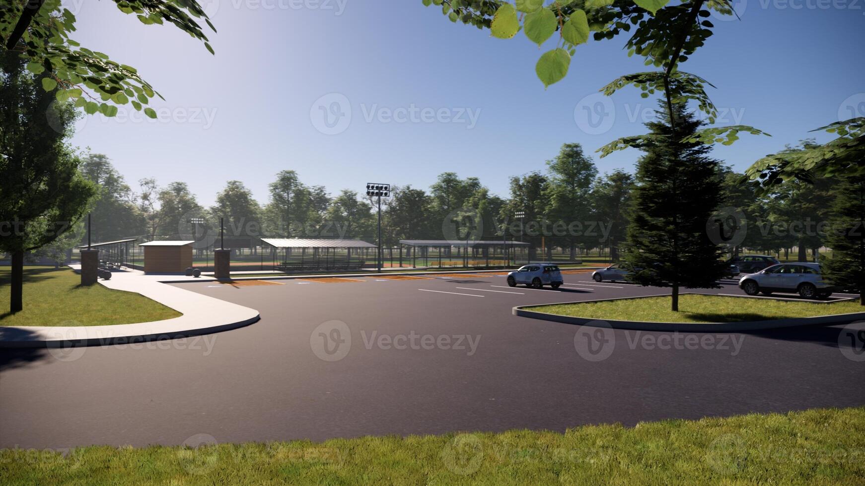 parking lot baseball field dugout in the middle of the forest 3d rendering photo