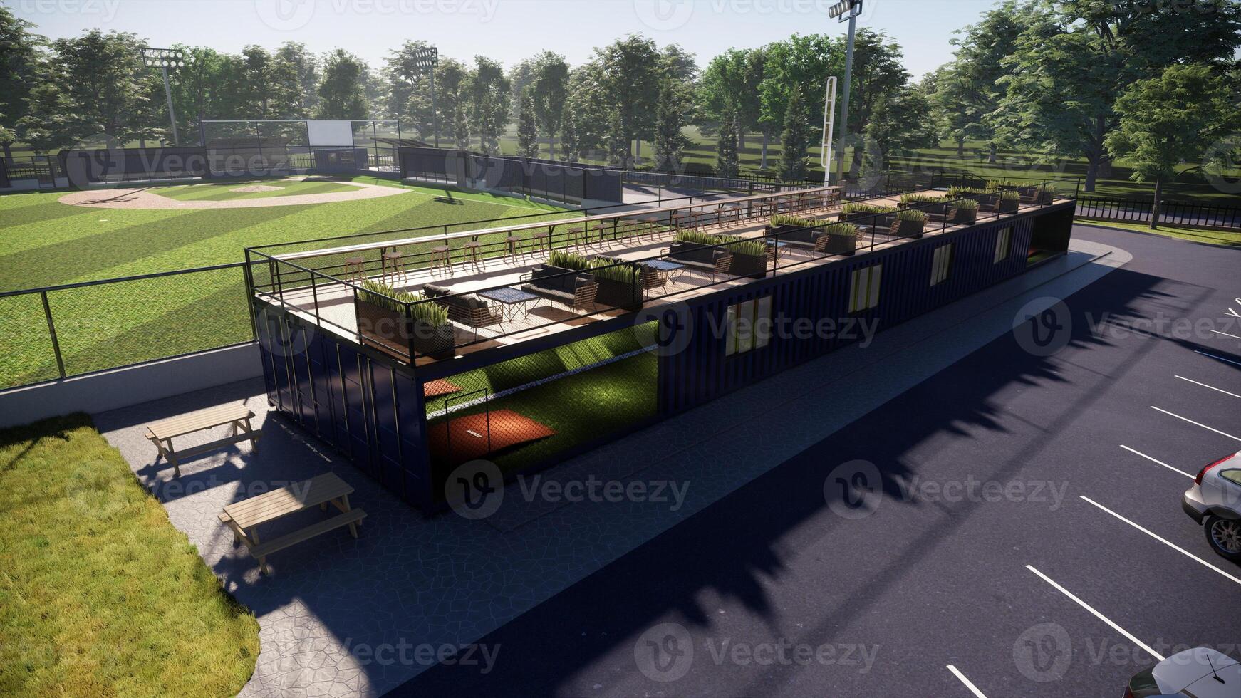 baseball field cafe on rooftop 3d render photo