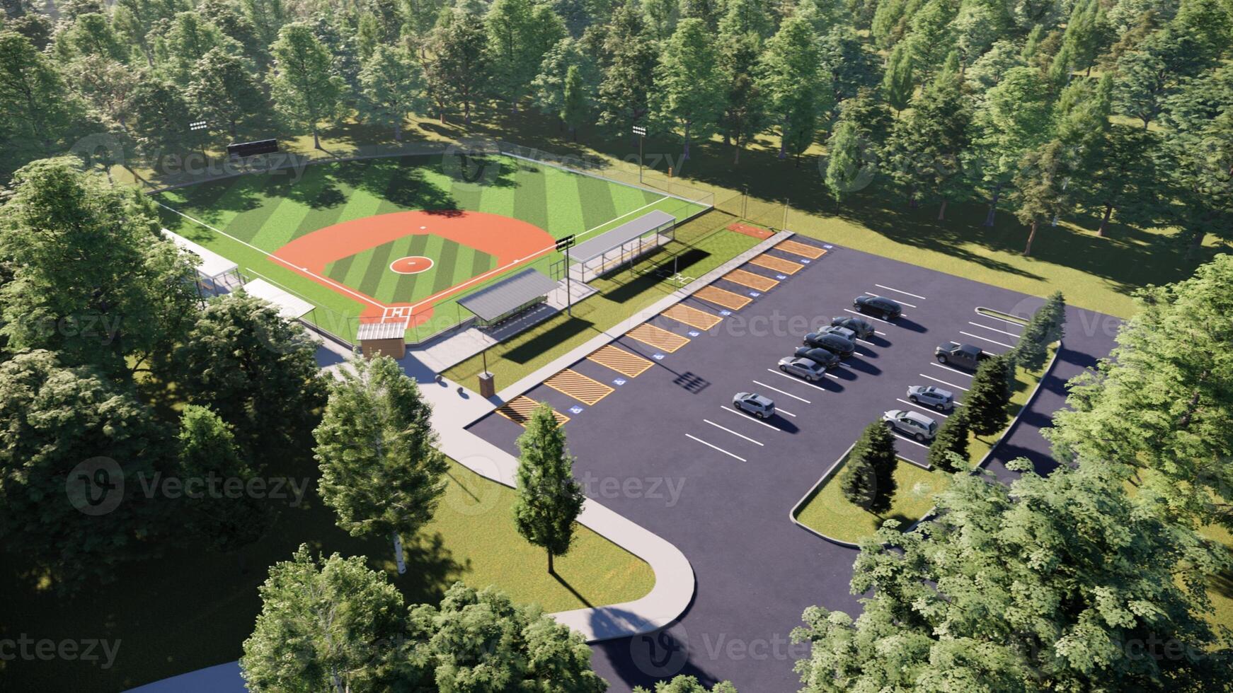 aerial view 3D rendering of a baseball field in the middle of the forest photo