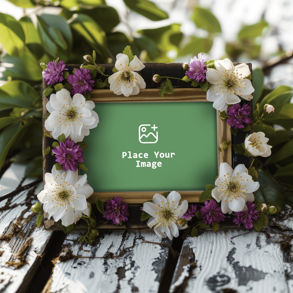 flowers frame on a wooden background psd