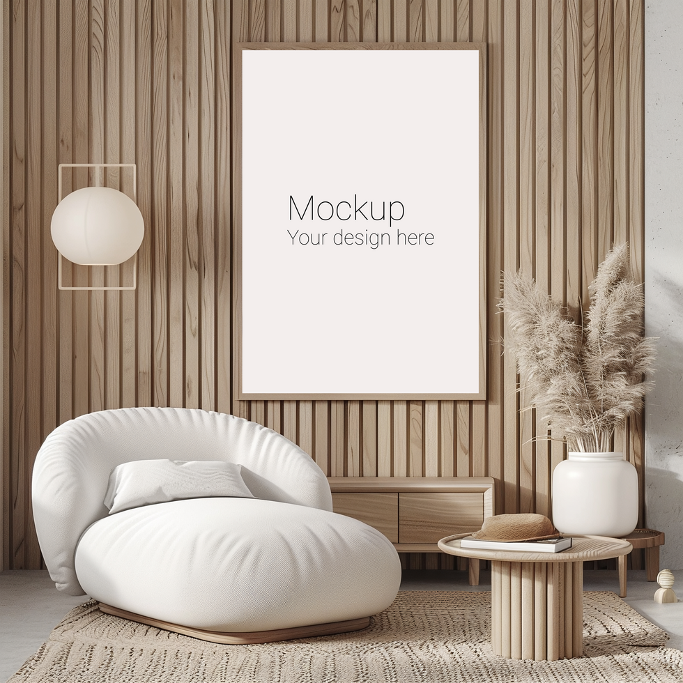 Mockup of frame with beige borders on wall in the living room psd