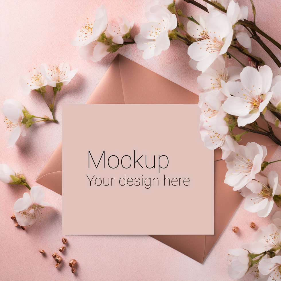 Mockup of greeting card with flowers and envelope psd