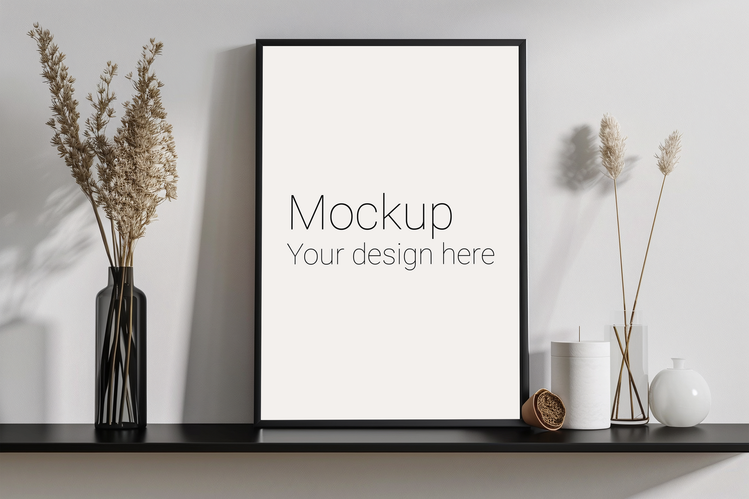 Mockup of frame with black borders on the table with plant psd