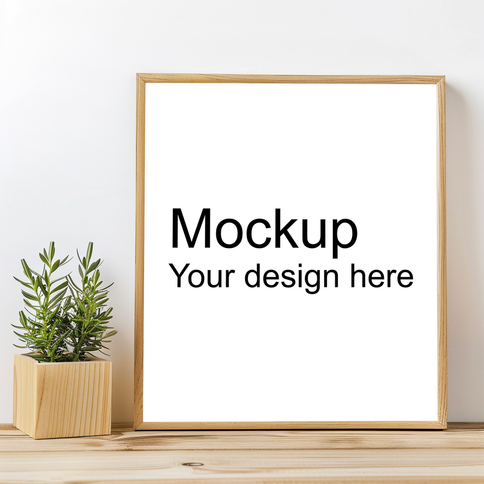 Mockup of frame with black borders on the table with plant psd