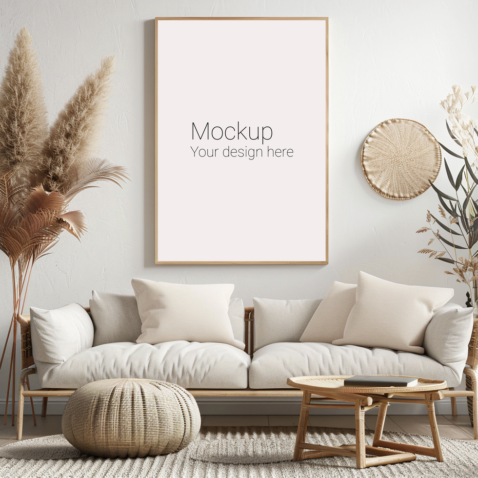 Mockup of frame with beige borders on wall in the living room psd