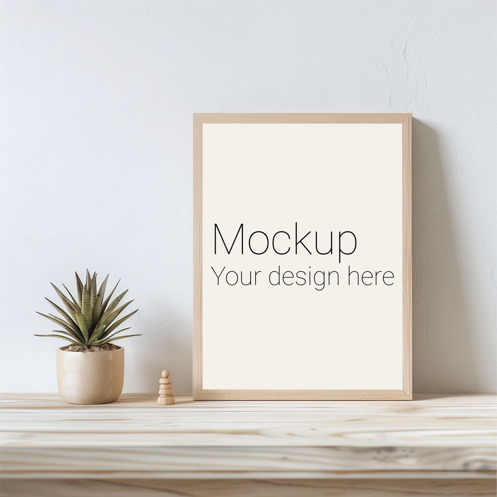 Mockup of frame with black borders on the table with plant psd