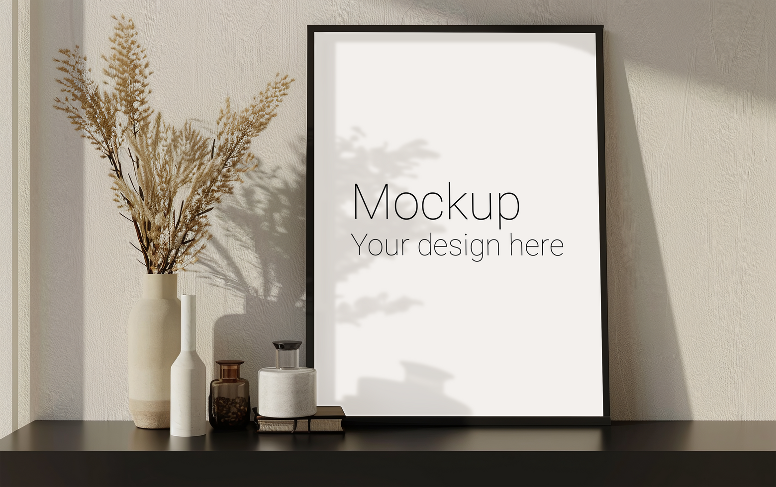 Mockup of frame with black borders on the table with plant psd