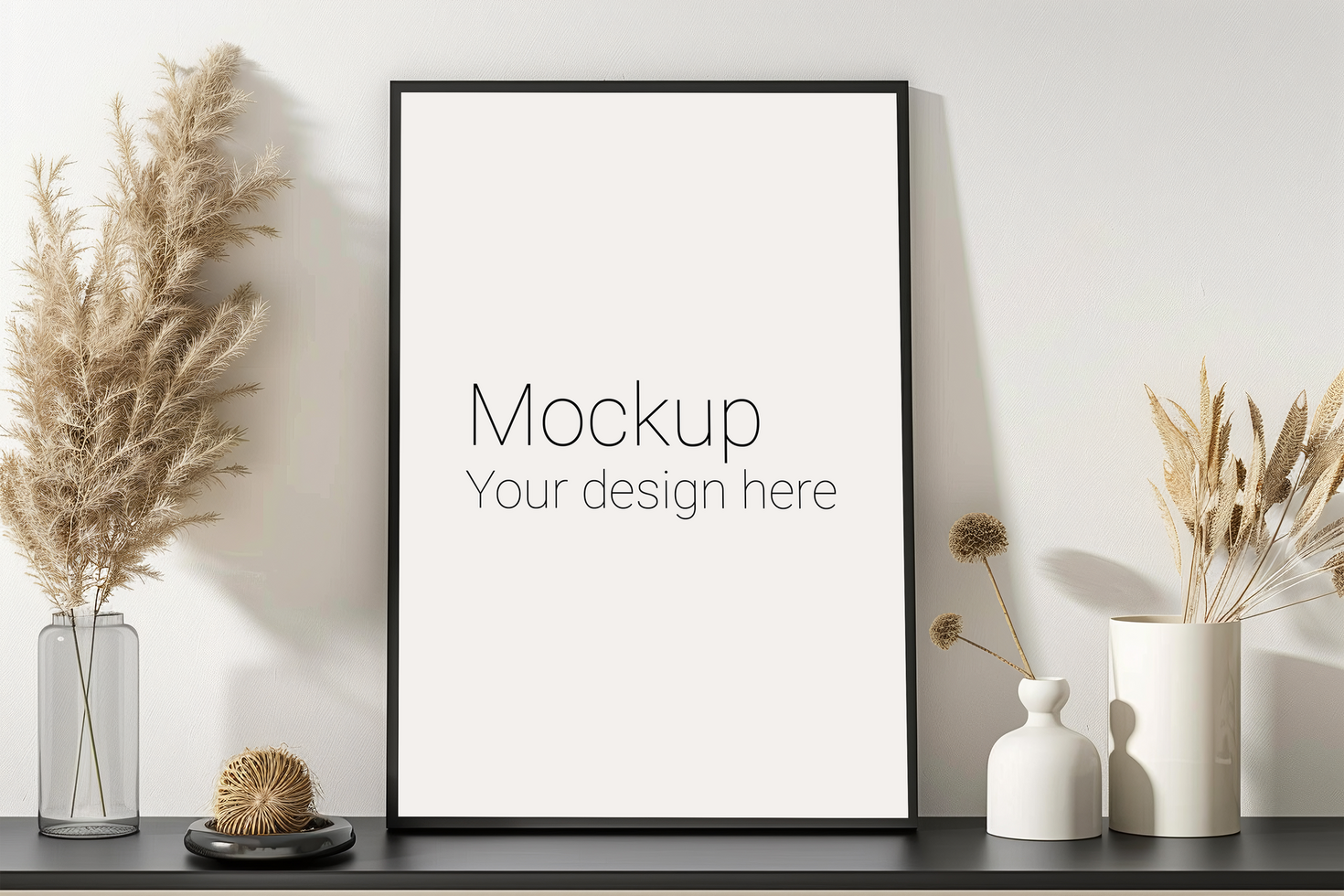 Mockup of frame with black borders on the table with plant psd