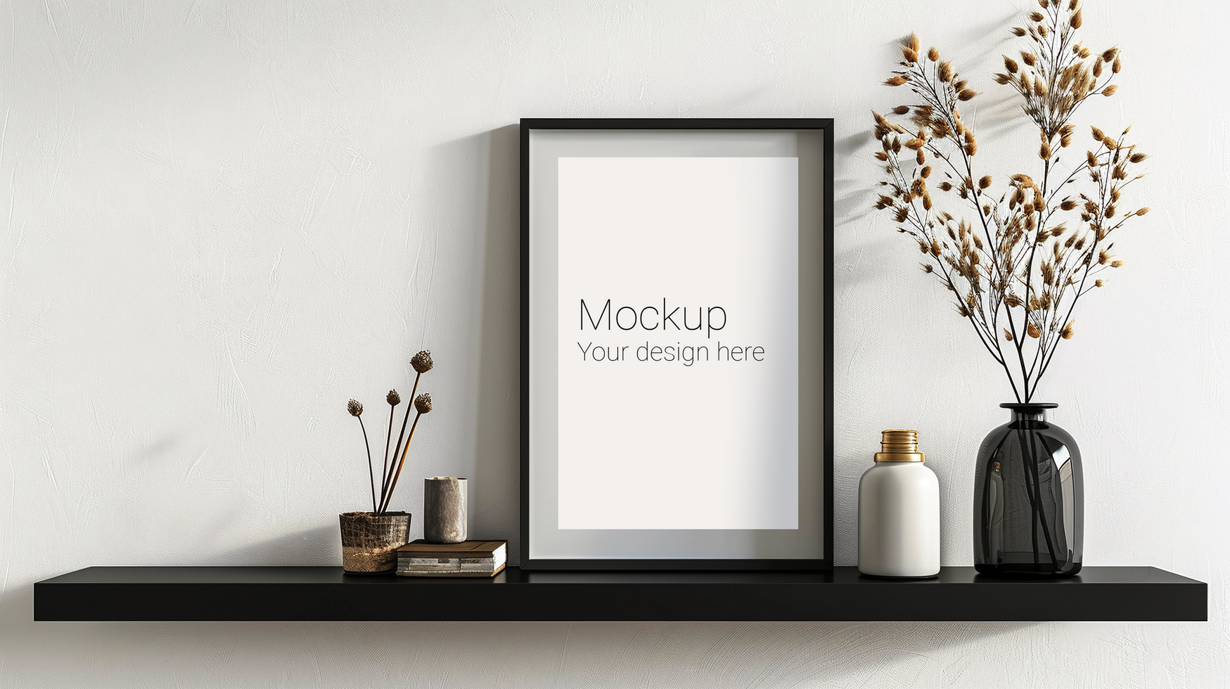 Mockup of frame with black borders on the table with plant psd