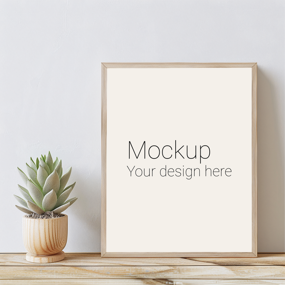 Mockup of frame with black borders on the table with plant psd