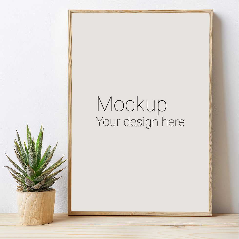 Mockup of frame with black borders on the table with plant psd