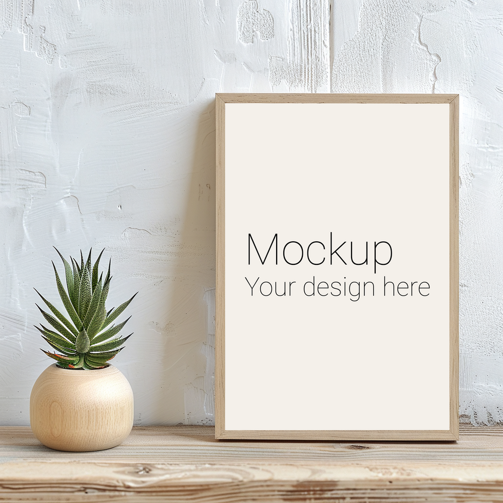Mockup of frame with black borders on the table with plant psd