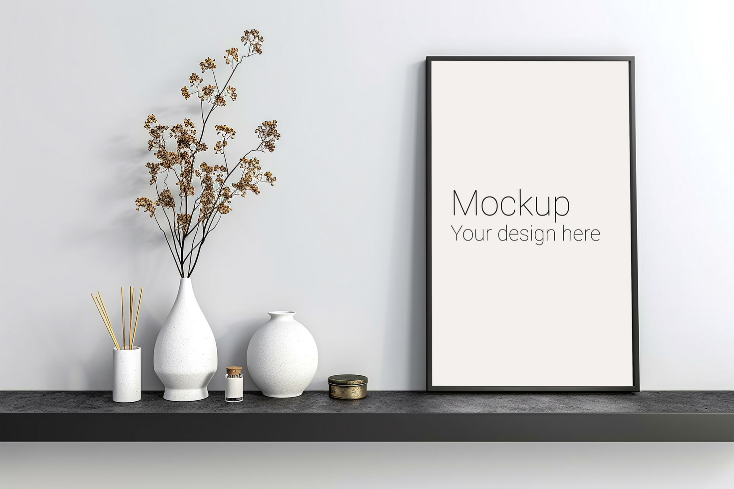 Mockup of frame with black borders on the table with plant psd