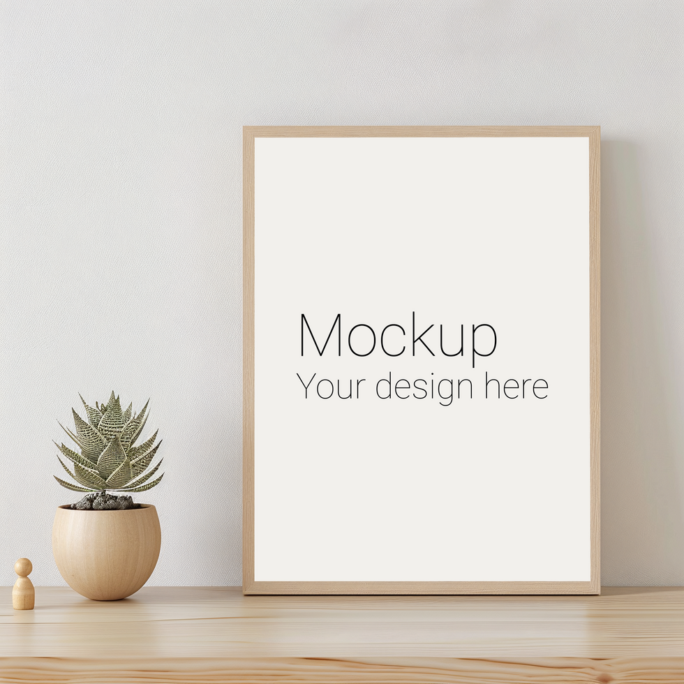 Mockup of frame with black borders on the table with plant psd