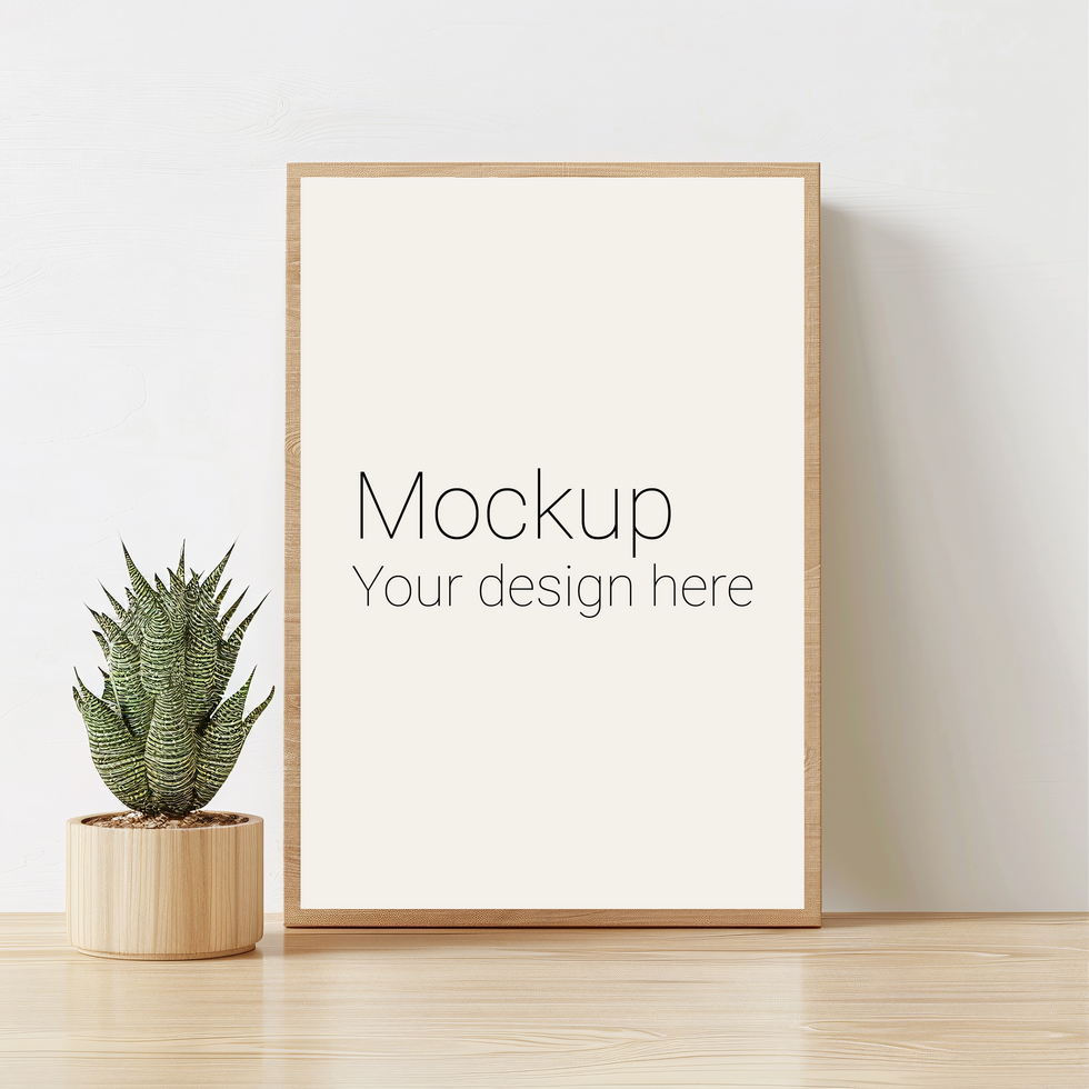 Mockup of frame with black borders on the table with plant psd