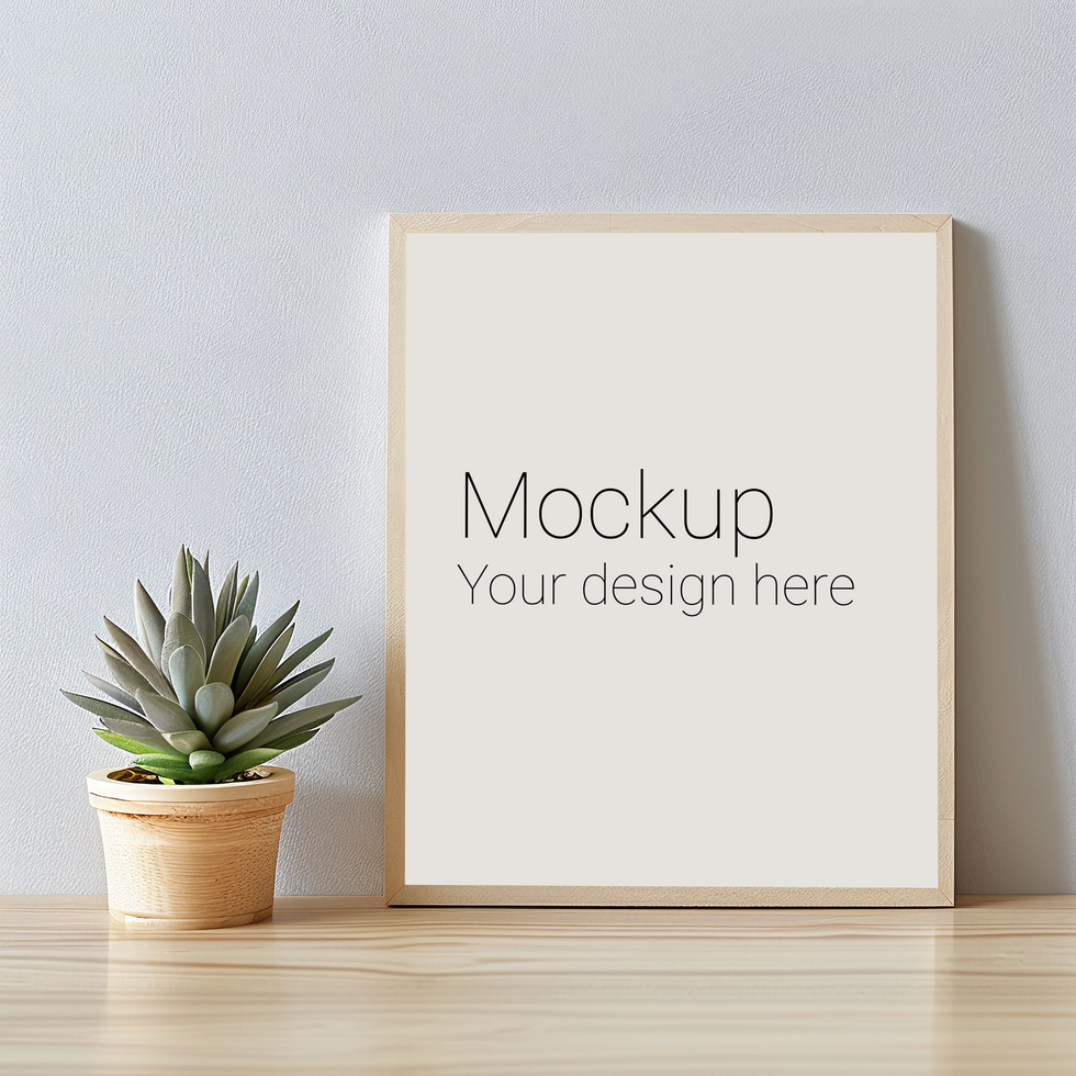 Mockup of frame with black borders on the table with plant psd