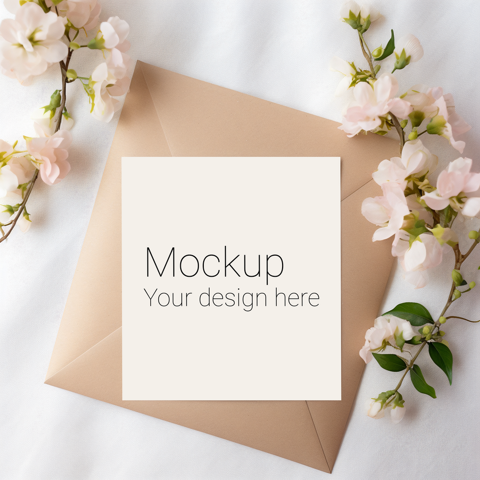 Mockup of greeting card with flowers and envelope psd