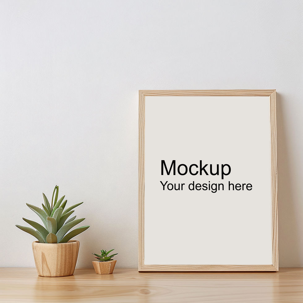 Mockup of frame with black borders on the table with plant psd