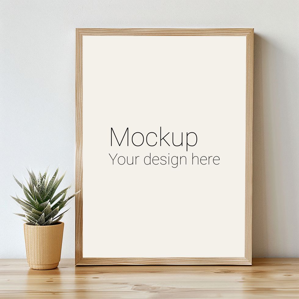 Mockup of frame with black borders on the table with plant psd