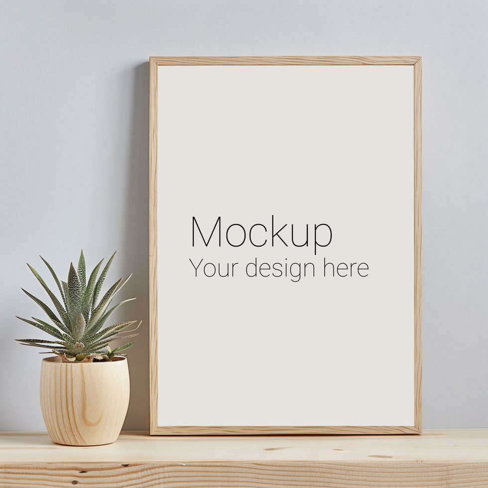 Mockup of frame with black borders on the table with plant psd