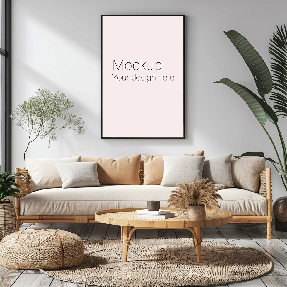 Mockup of frame with black borders on wall in the living room psd