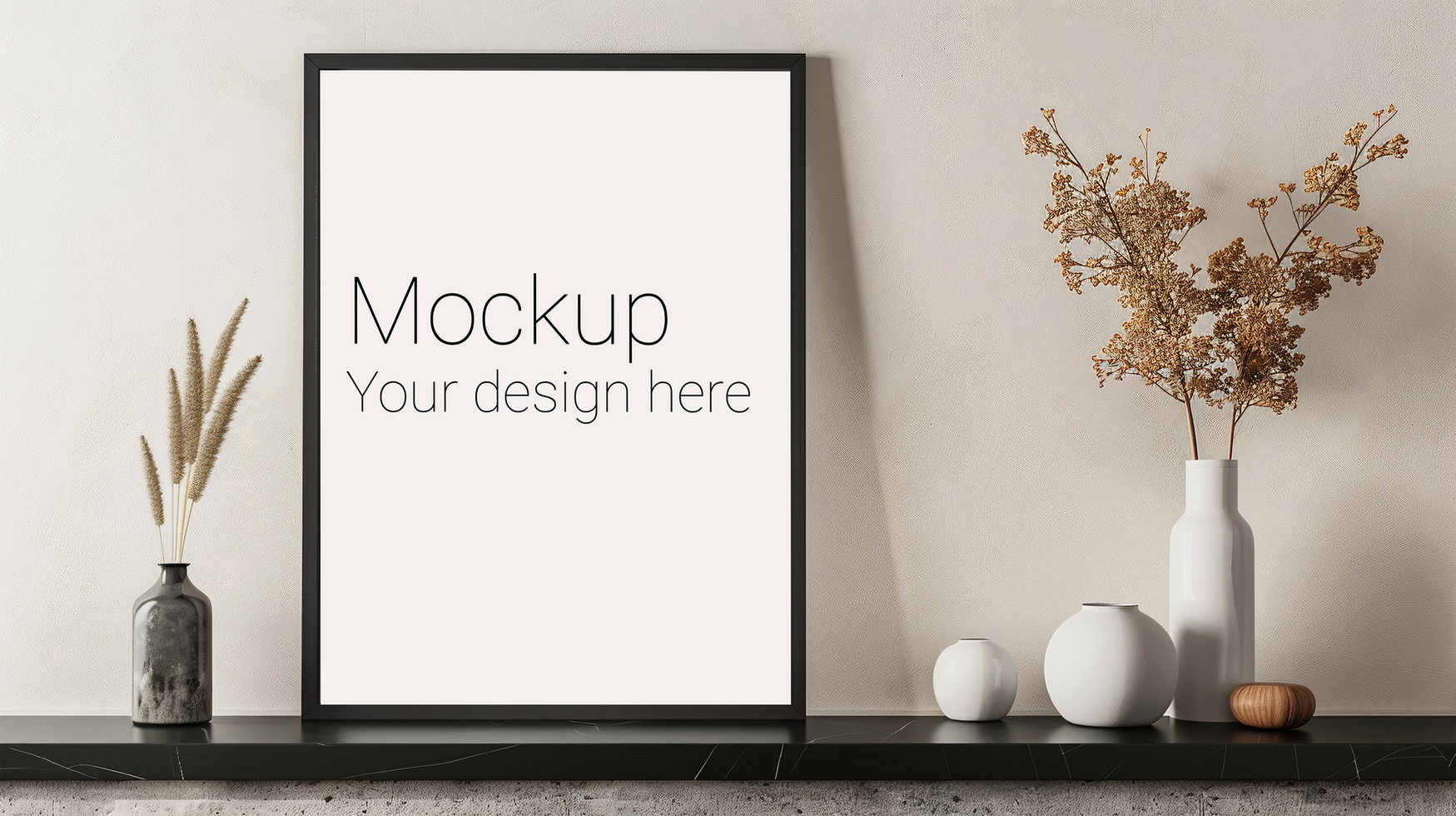 Mockup of frame with black borders on the table with plant psd