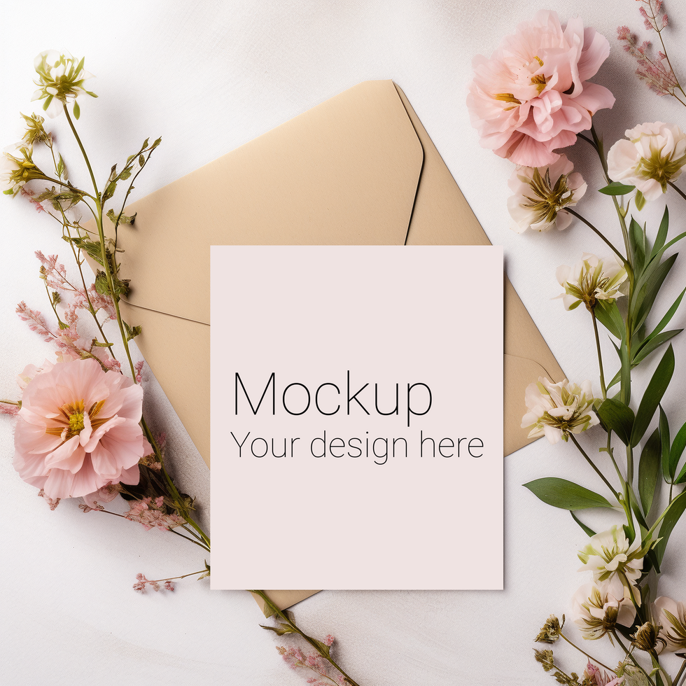 Mockup of greeting card with flowers and envelope psd