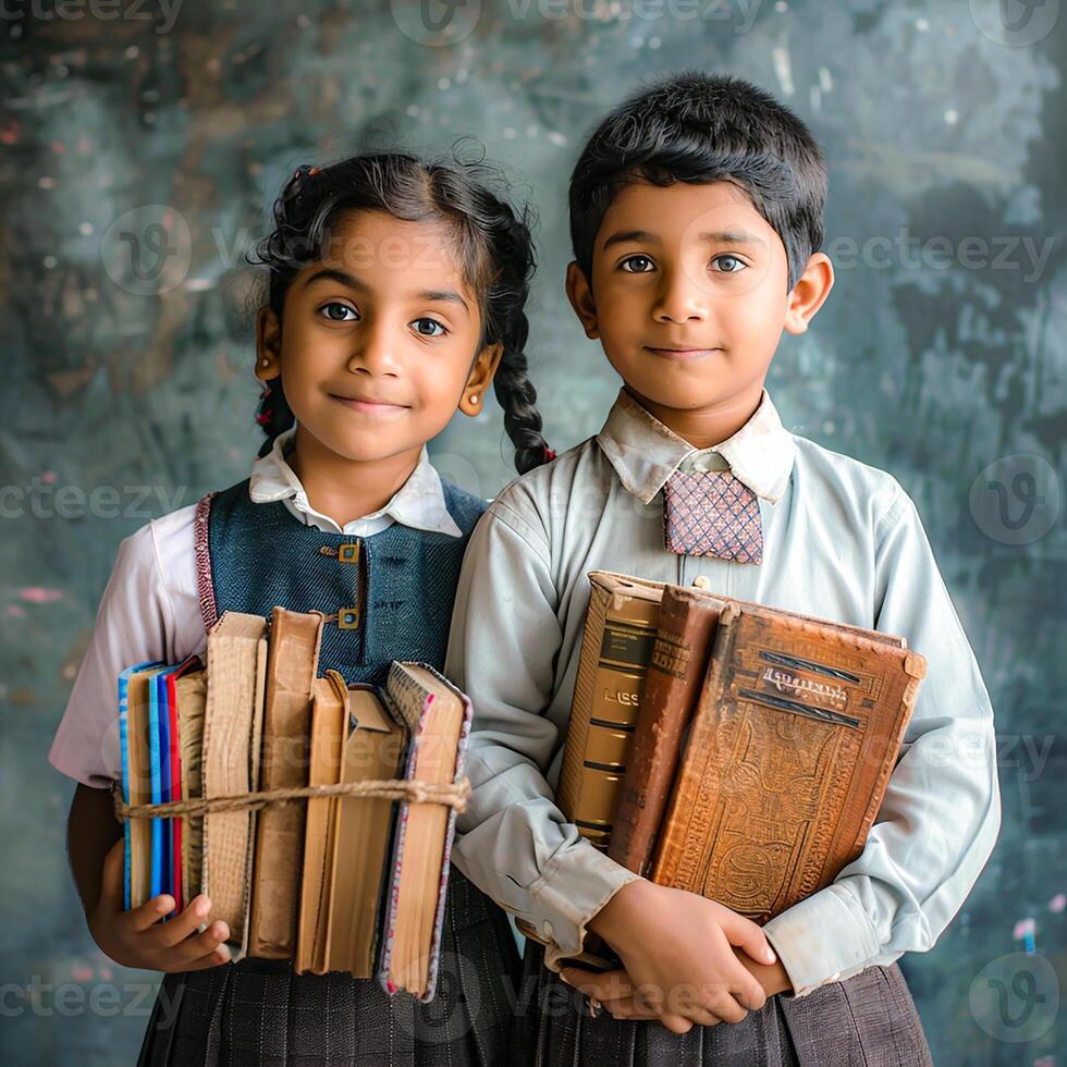 Portrait of young students with books for education photo