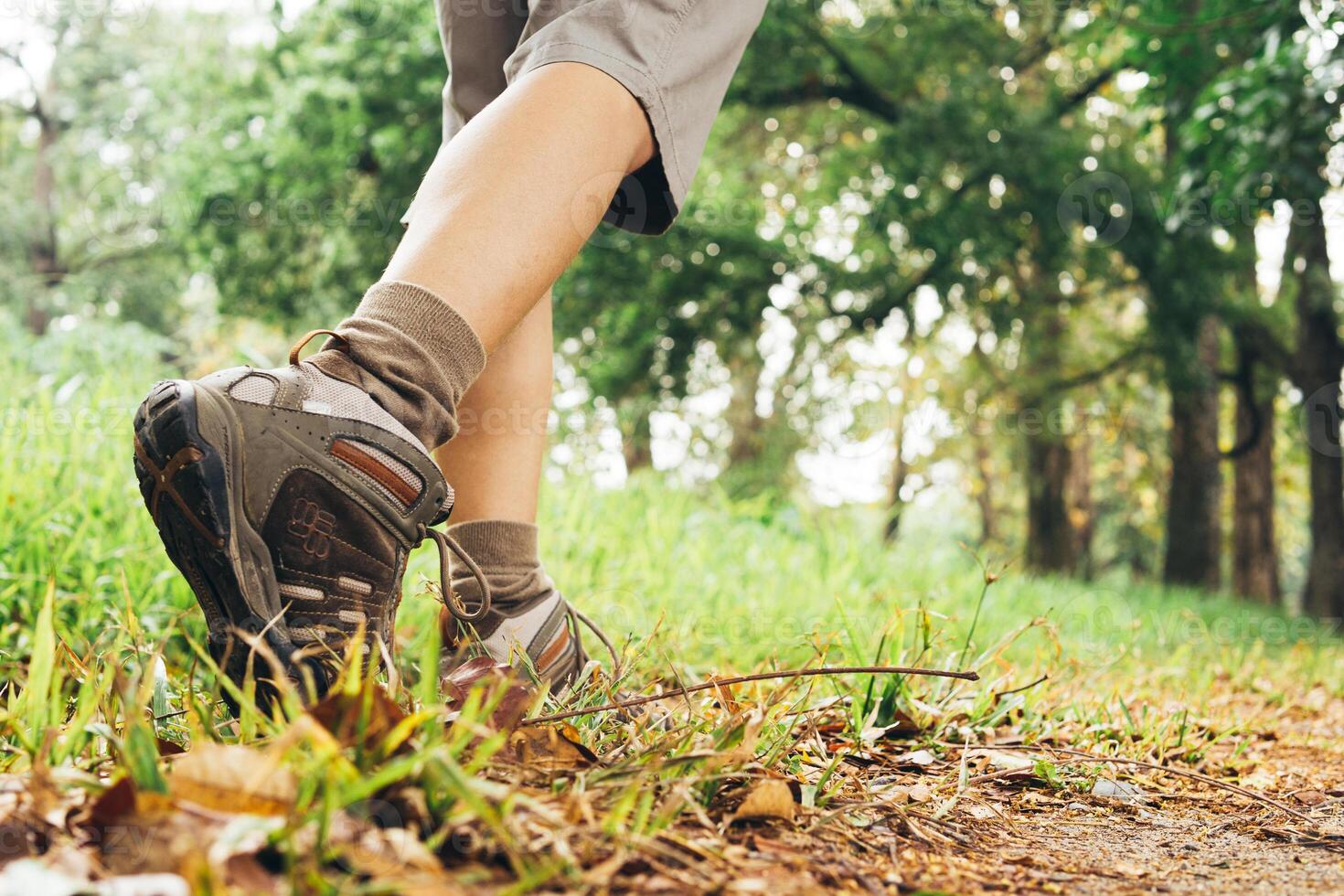 Back view of hiker legs walking on the mountain photo