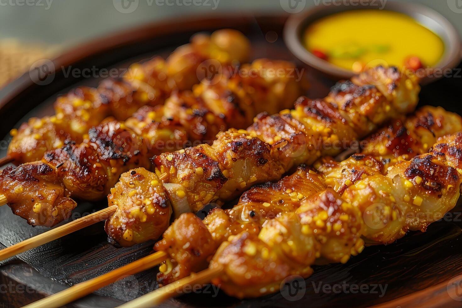 Skewers of chicken on a plate, close-up photo