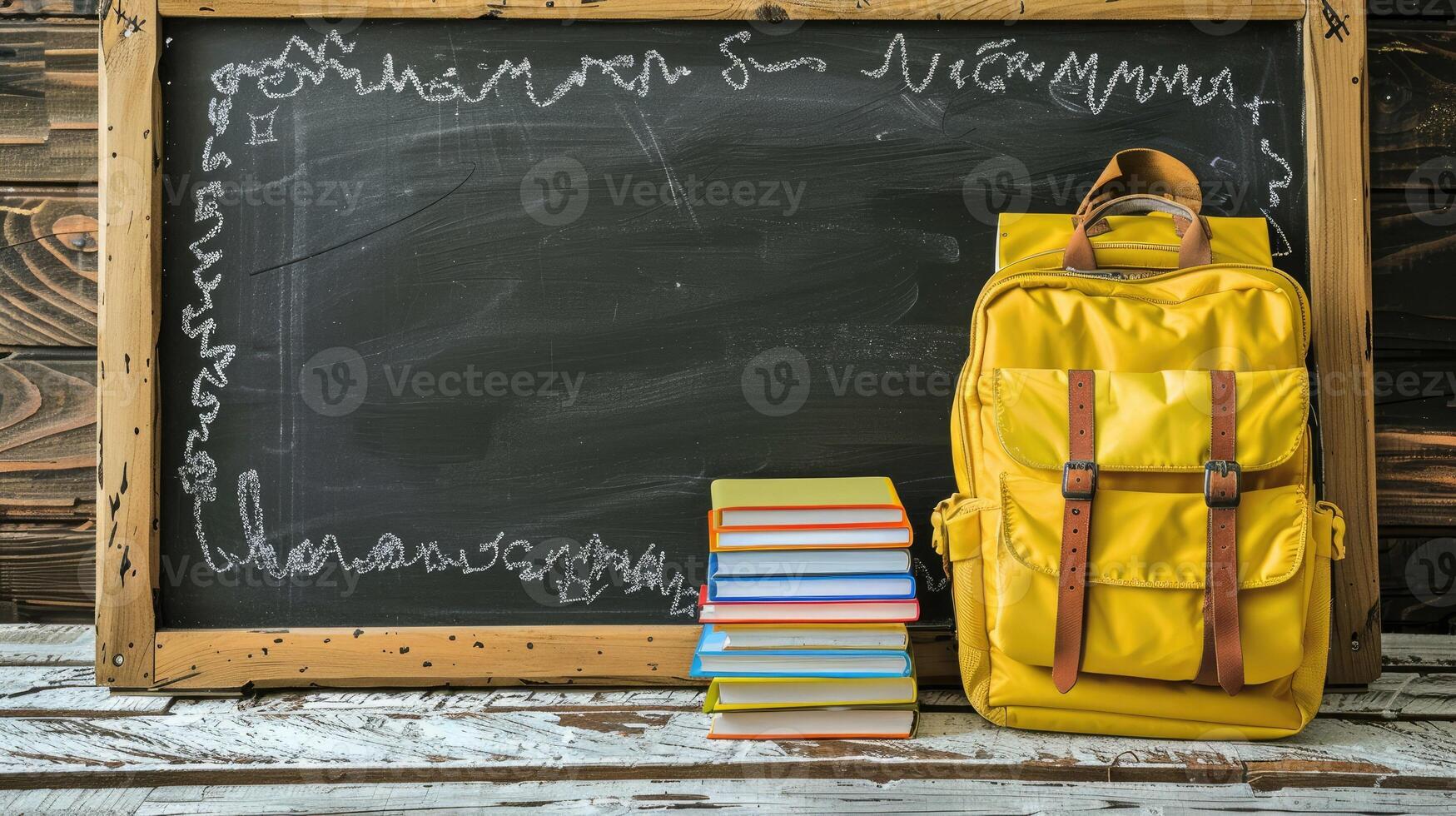 Back to school concept. A yellow school backpack with a stack of books and textbooks near a school board with chalk doodles with copy space for text. School background, template photo