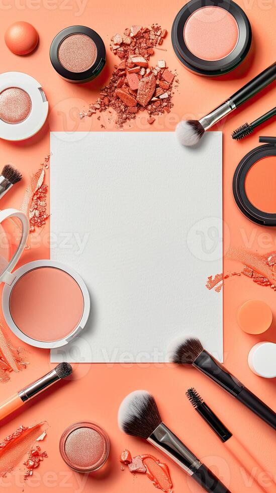 Elegant female cosmetic vertical template peach color with white space for text in the middle, face powder, eye shadow, brushes. Makeup set, flyer, background, advertising photo