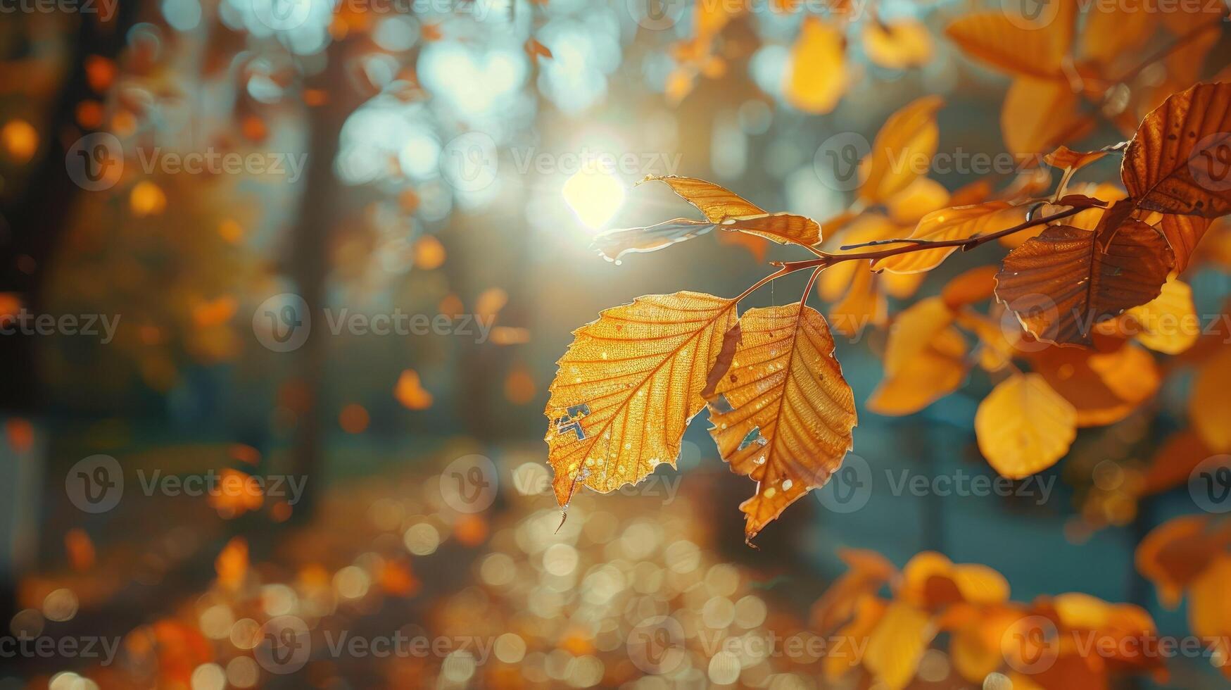 Autumn landscape, background with orange, yellow, red leaves. Nature, autumn park with blurred background and tree branch with autumn leaves. Creative template for autumn scenes photo