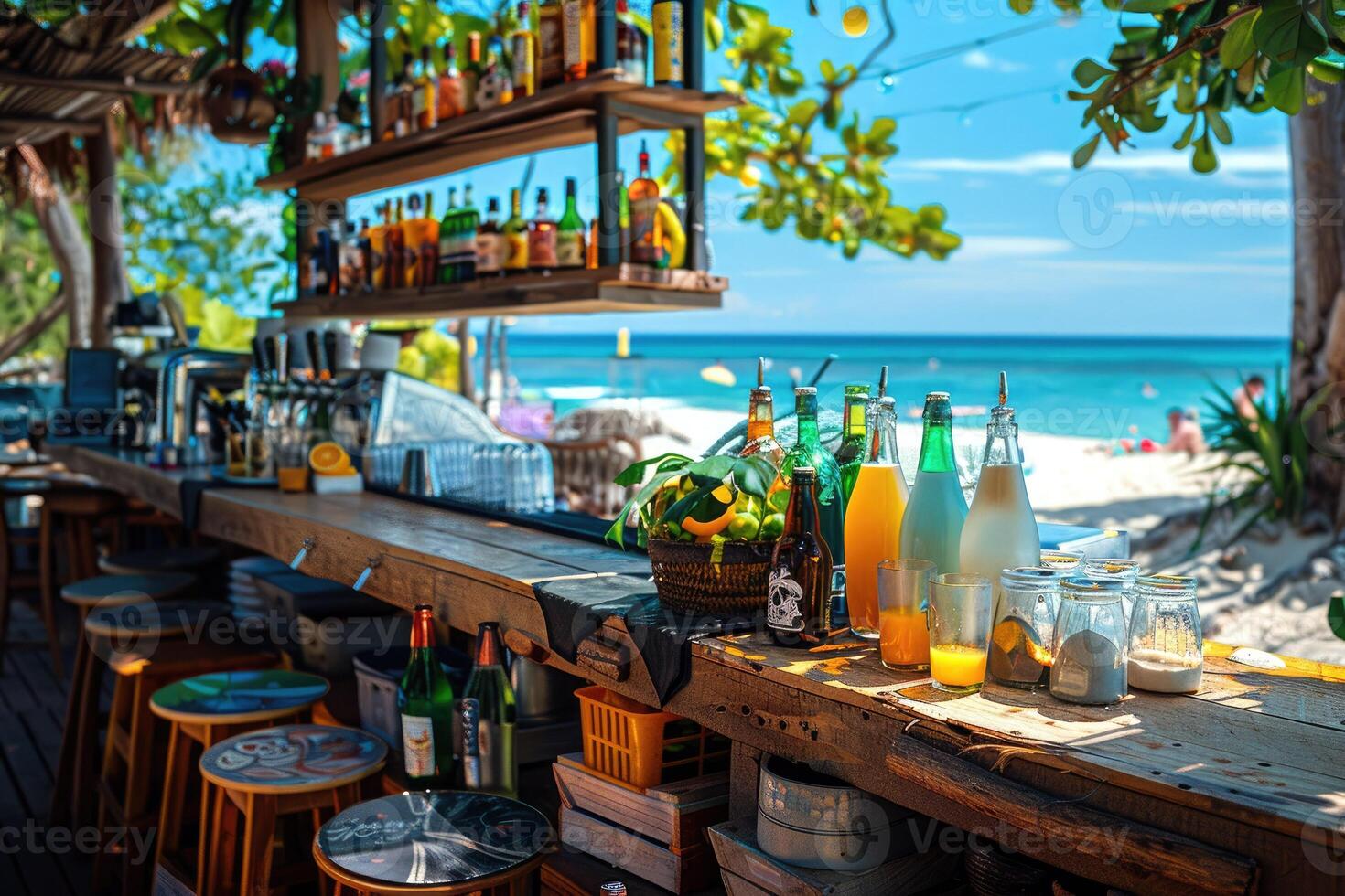beach bar with a stunning ocean view on a sunny day. The counter is adorned with various colorful drinks and fresh ingredients, creating a perfect tropical vibe for relaxation and enjoyment. photo