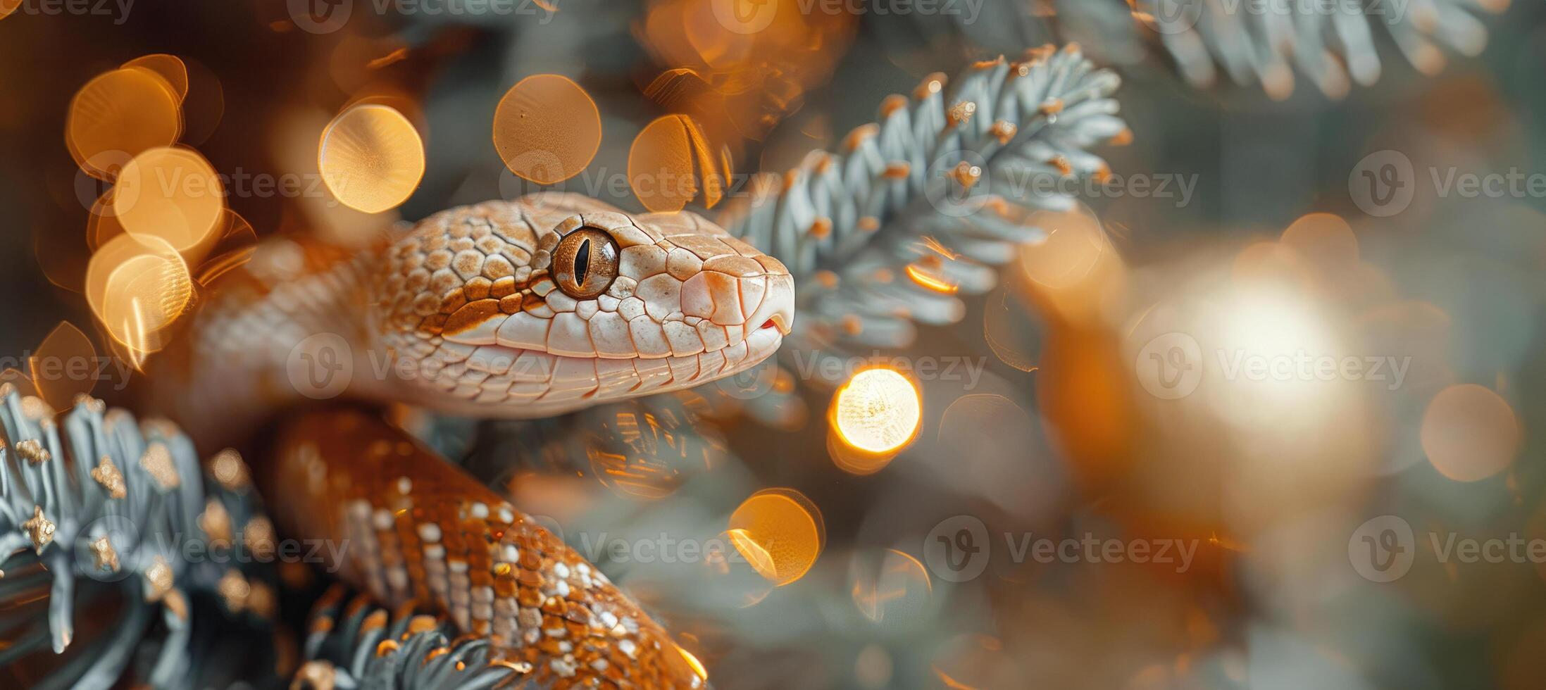 Close up of a snake against a background of holiday bokeh lights and Christmas tree branches. Symbol of 2025 according to the Chinese eastern calendar. Ideal for New Year and Christmas content photo
