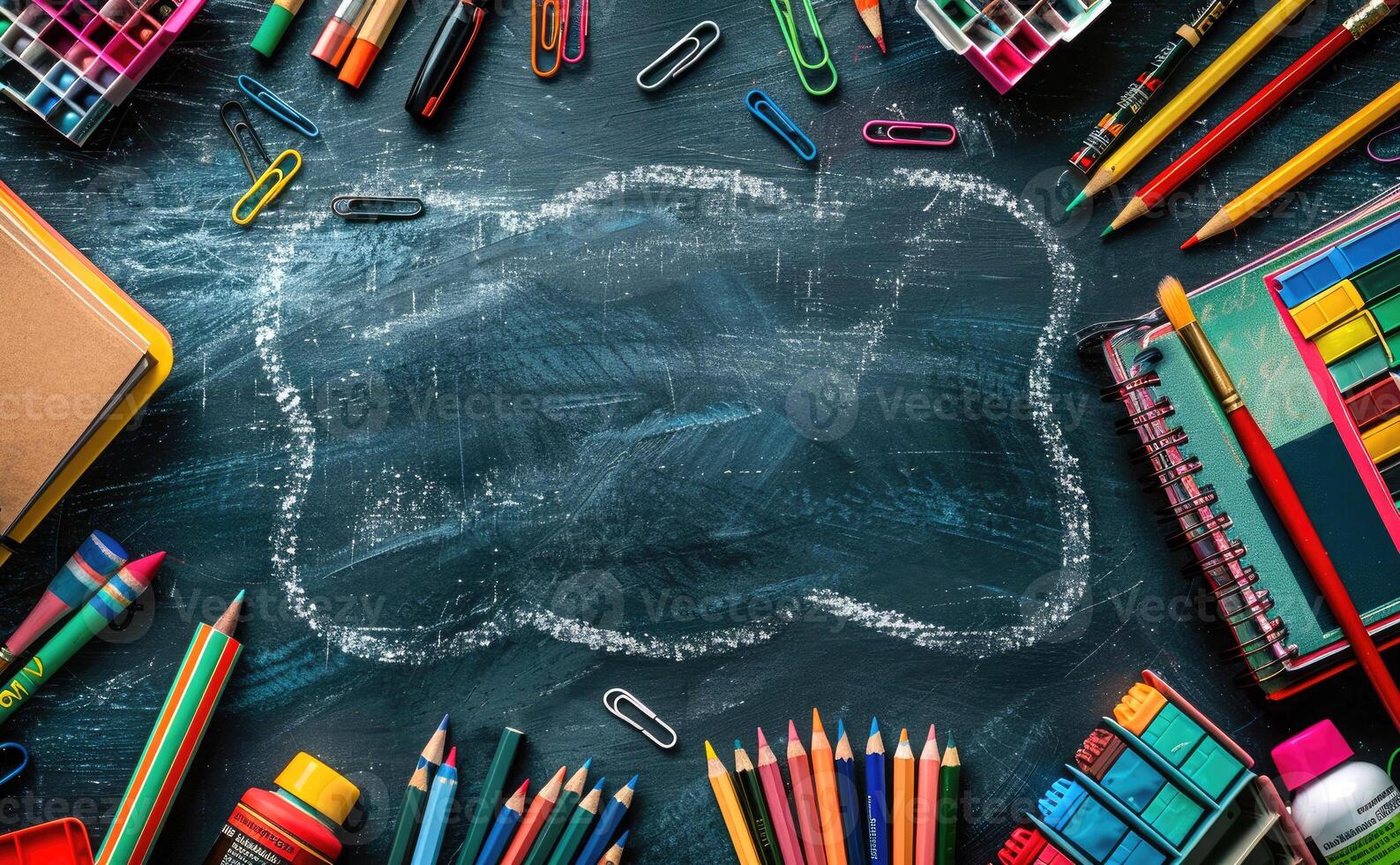 School board background with pen, pencil, notepad, book, paints, crayons. Stationery around copy space. The background of the board is bright and copy space. Back to school advertisement. photo