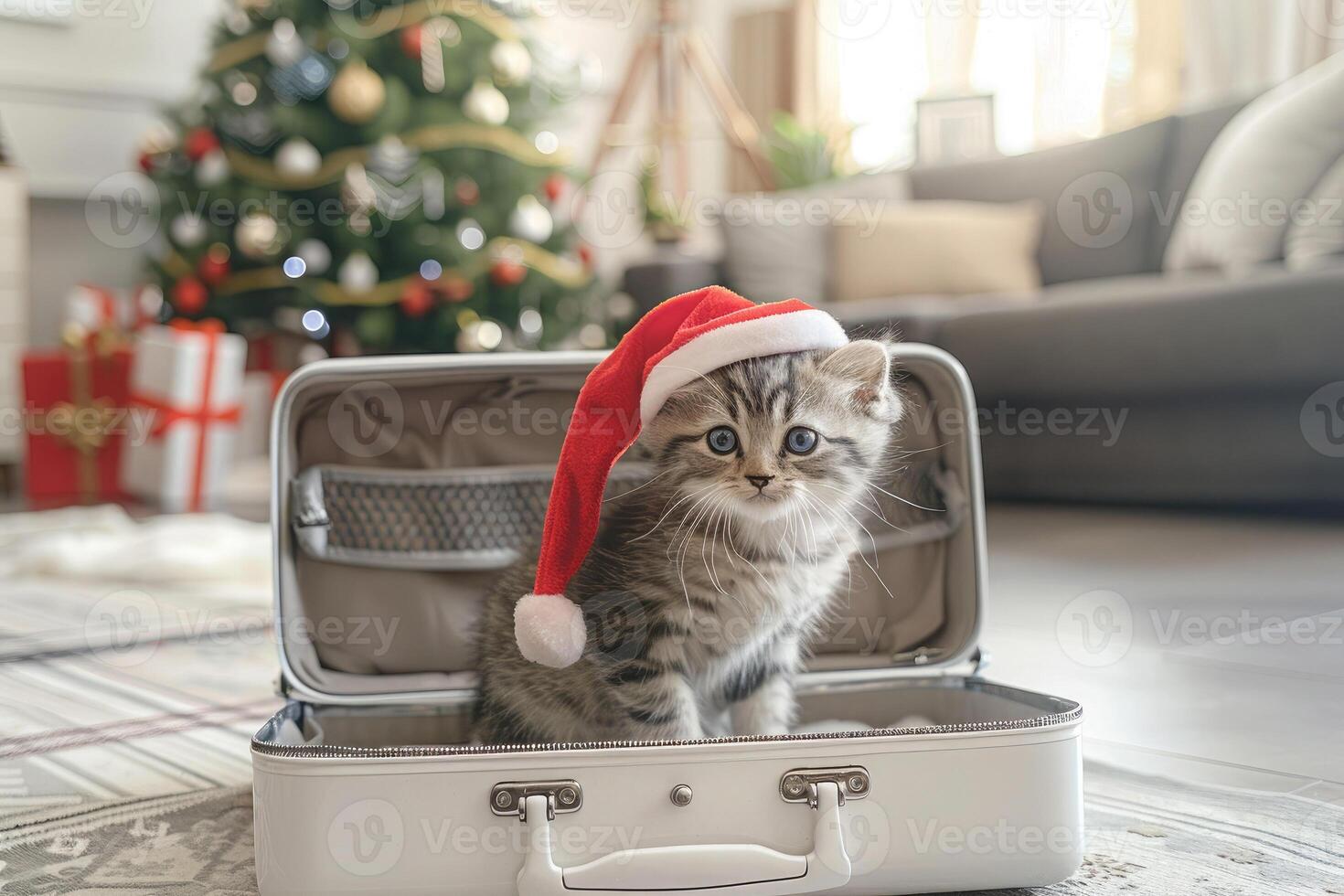 cute kitten wearing red Santa Claus hat sits in an open suitcase in the middle of a decorated Christmas room. The cat is ready for winter holidays, travel, and adventure. Holidays Christmas, New Year photo