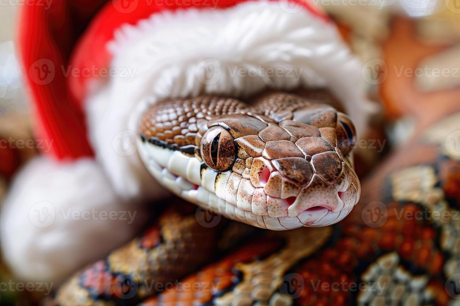 Close-up of a snake wearing a red Santa Claus hat, symbol of the 2025 New Year according to the Eastern Chinese calendar. Reptile celebrates New Year and Christmas photo