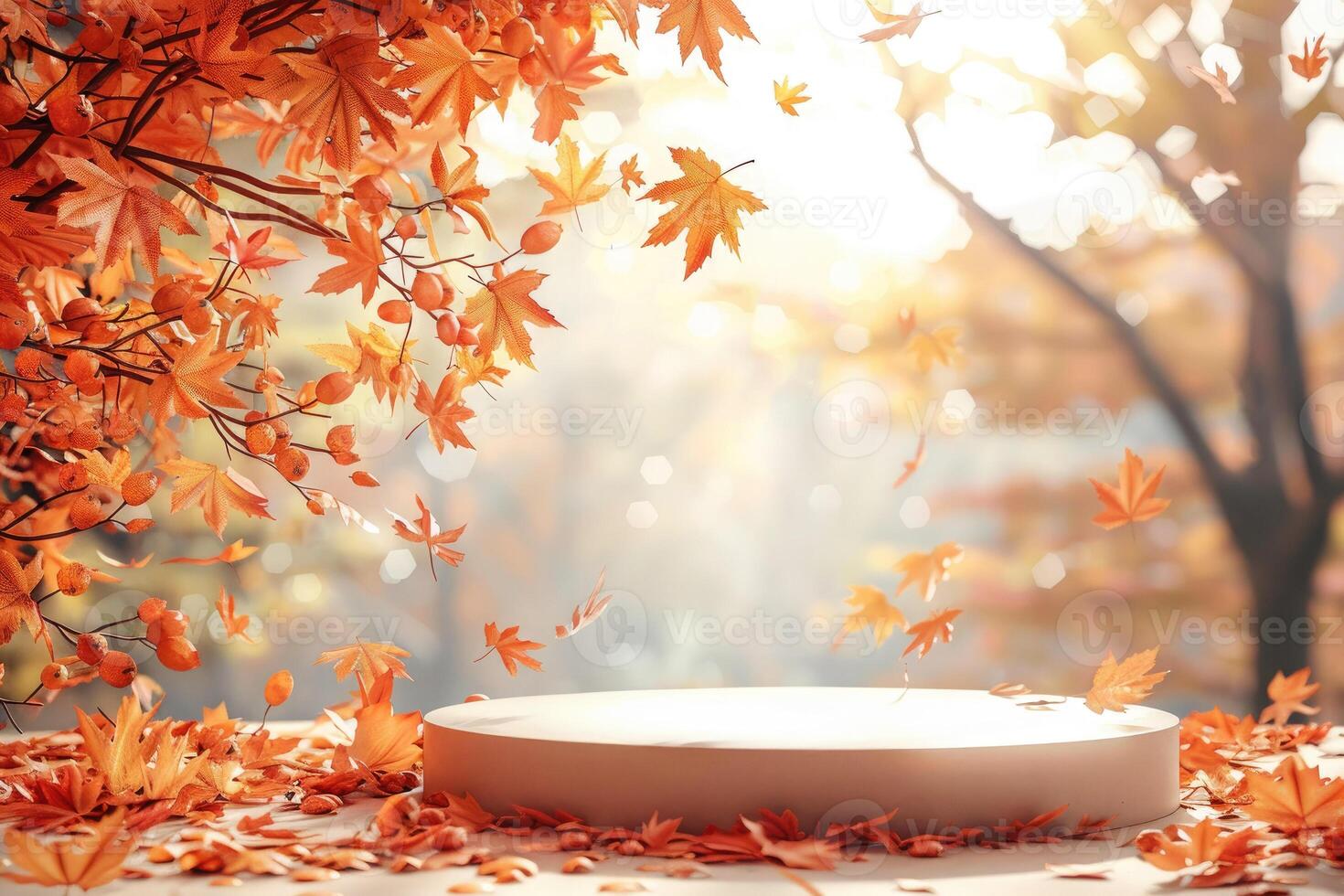 Stone platform podium for product demonstration in autumn park. Orange and yellow leaves fall from the trees in October onto the pedestal. Installation of products in natural landscape on a sunny day. photo